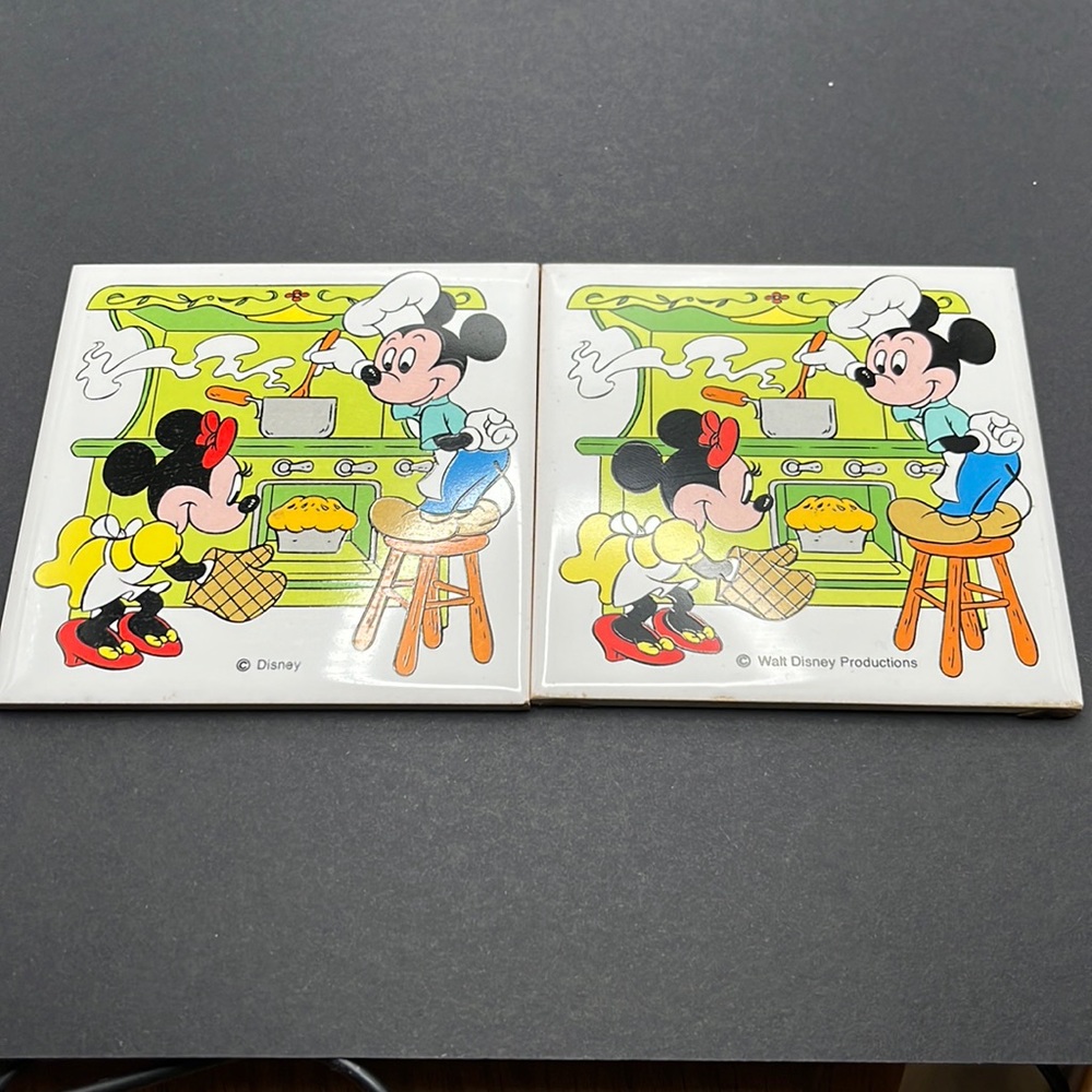 2 Vintage Walt Disney Productions Mickey Minnie Mouse Ceramic Trivet 4.5 inches
